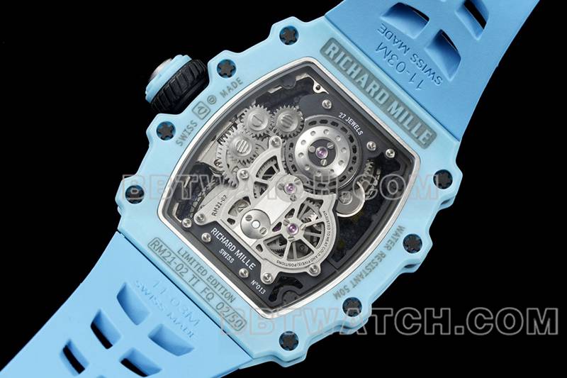 理查德米尔顶级复刻手表镂空盘陀飞轮机械蓝色橡胶款RM 21-02背面实拍图