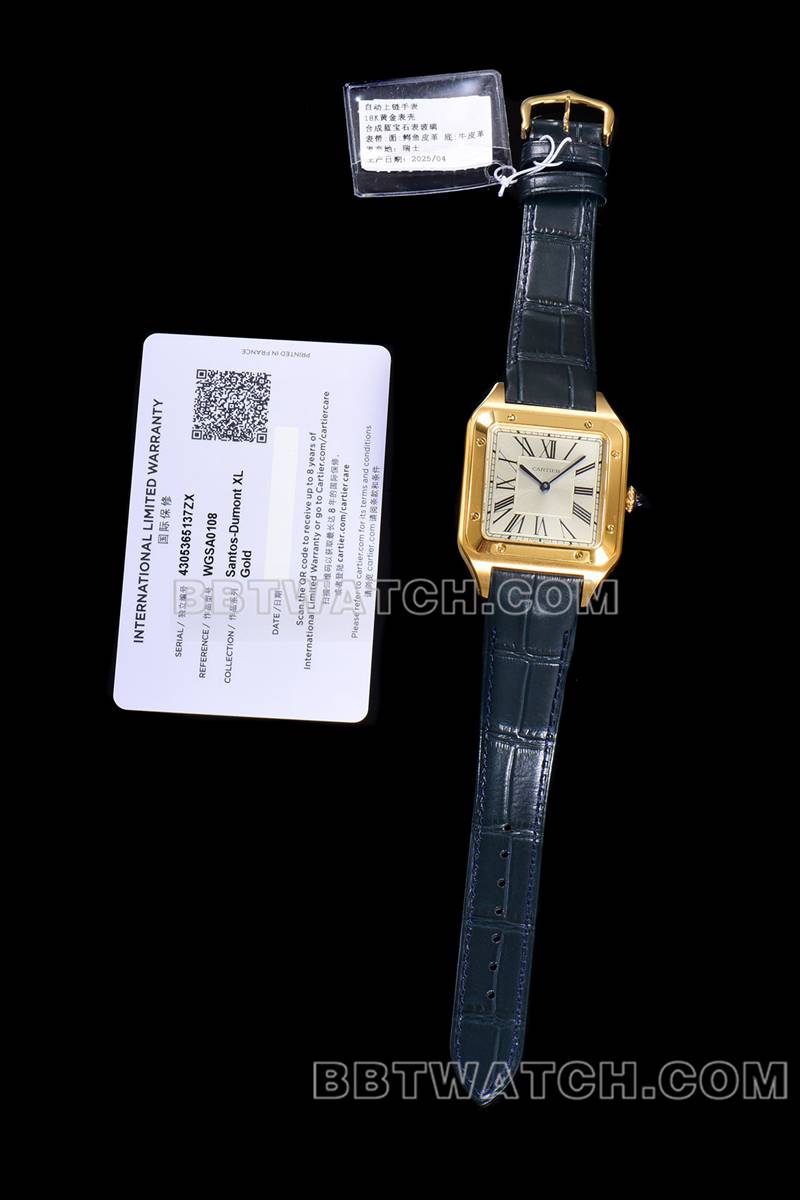 卡地亚最佳复刻手表F1厂山度士白盘黄金壳皮带款正面实拍图