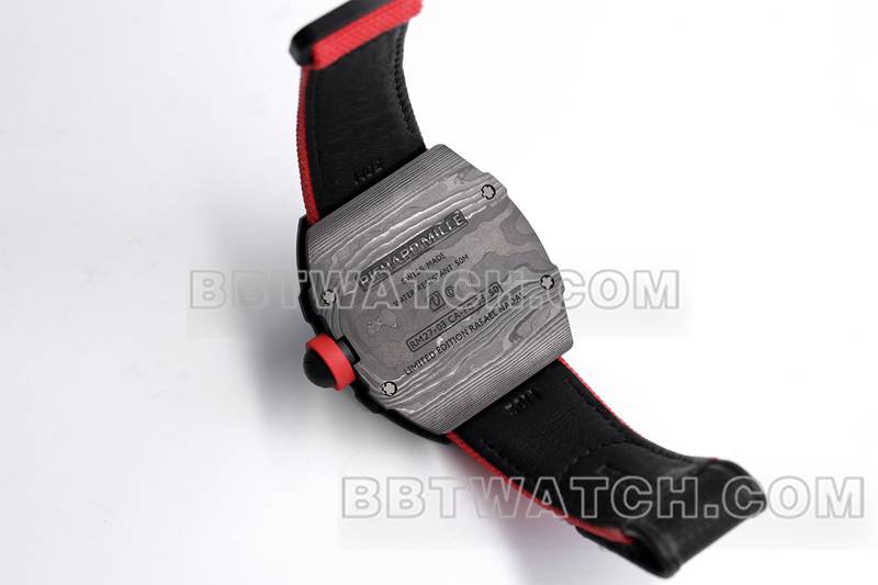 理查德米勒1:1复刻手表BBS厂陀飞轮机械红色橡胶编织魔术贴表带RM27-03背面实拍图