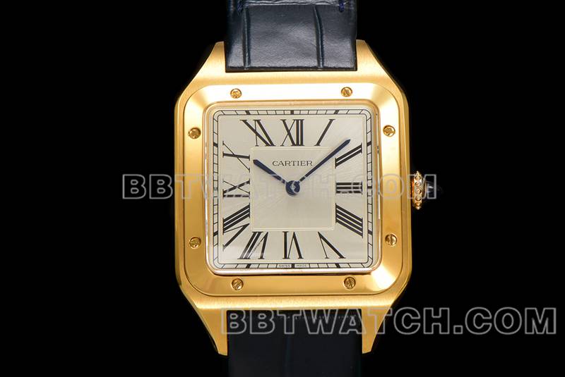 卡地亚最佳复刻手表F1厂山度士白盘黄金壳皮带款正面实拍图