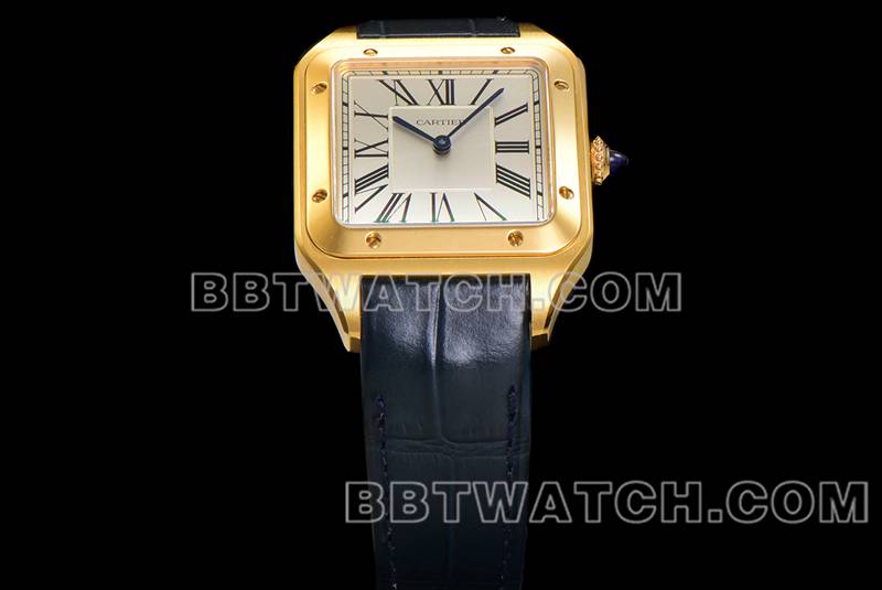 卡地亚最佳复刻手表F1厂山度士白盘黄金壳皮带款正面实拍图