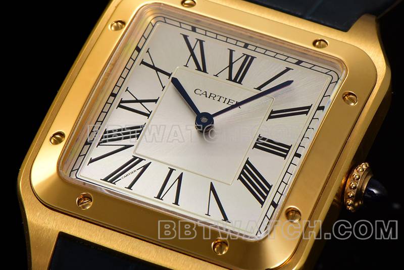 卡地亚最佳复刻手表F1厂山度士白盘黄金壳皮带款正面实拍图