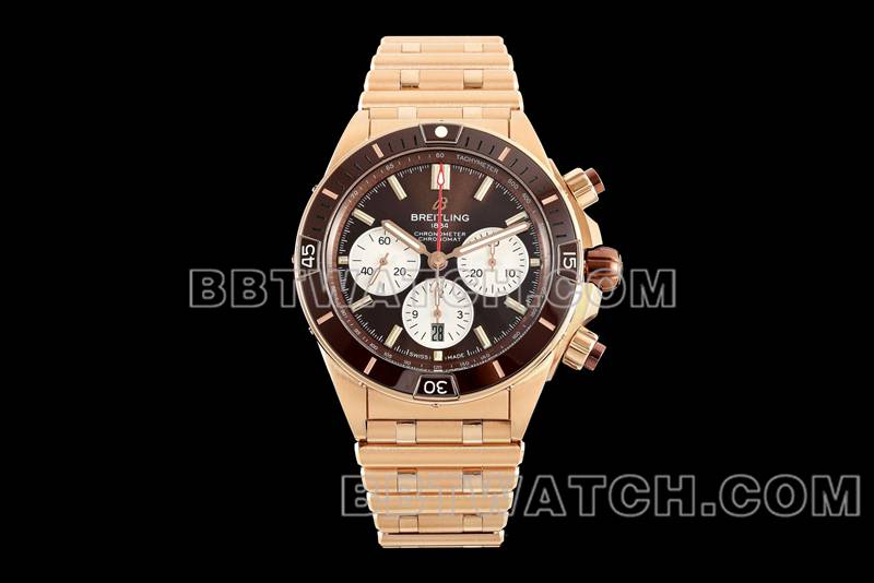 百年灵1:1复刻手表TF厂机械计时棕盘44mm玫瑰金钢带款正面实拍图