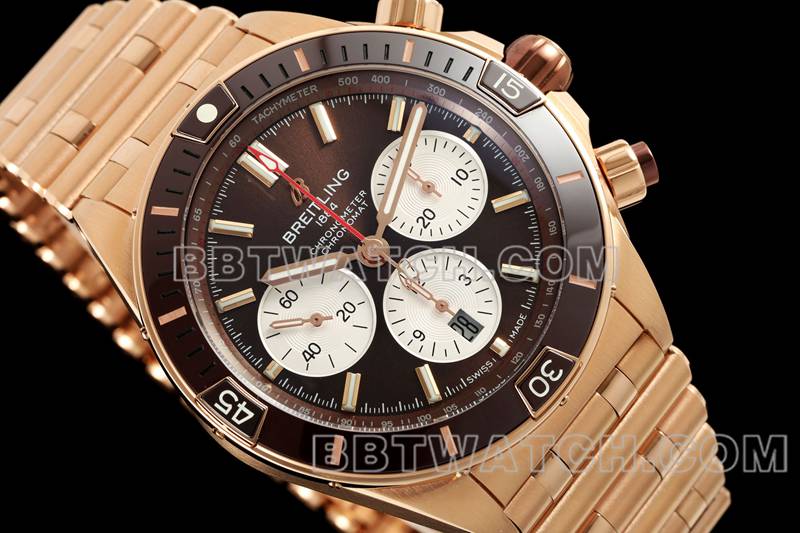 百年灵1:1复刻手表TF厂机械计时棕盘44mm玫瑰金钢带款正面实拍图