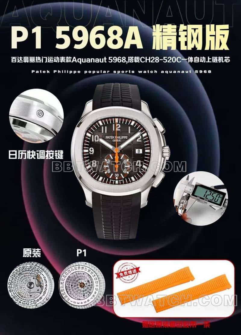 超级克隆手表百达翡丽P1厂手雷黑盘机械黑色橡胶款5968正面实拍图