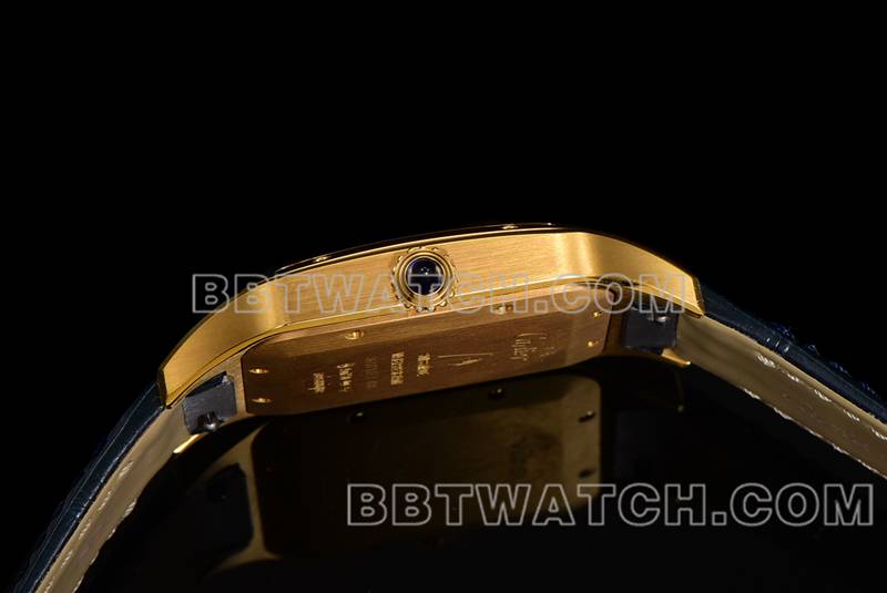 卡地亚最佳复刻手表F1厂山度士白盘黄金壳皮带款侧面实拍图