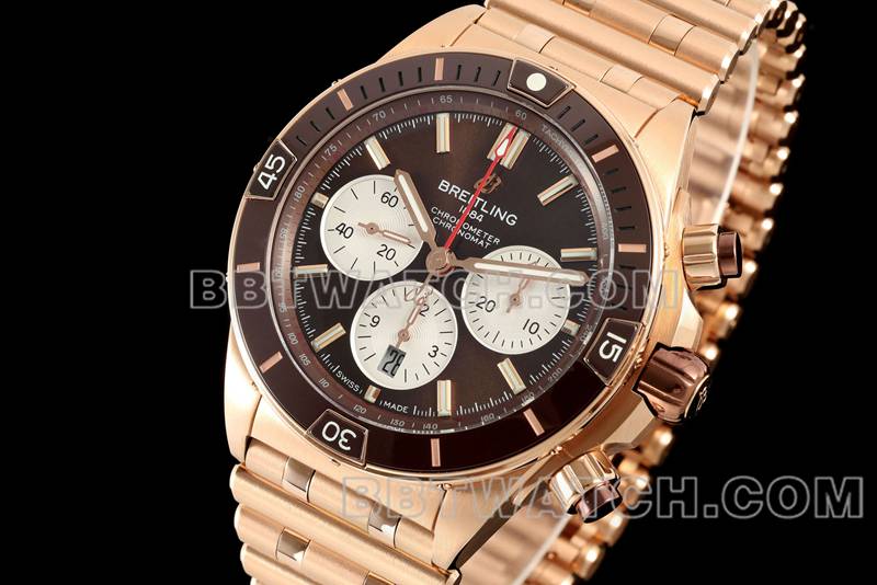 百年灵1:1复刻手表TF厂机械计时棕盘44mm玫瑰金钢带款正面实拍图