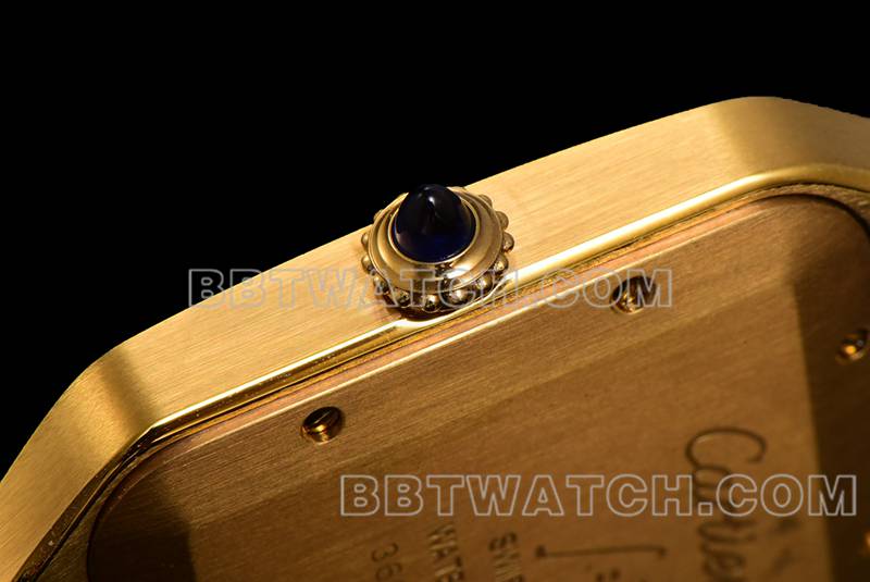 卡地亚最佳复刻手表F1厂山度士白盘黄金壳皮带款侧面实拍图