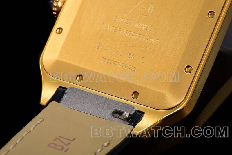 卡地亚最佳复刻手表F1厂山度士白盘黄金壳皮带款背面实拍图