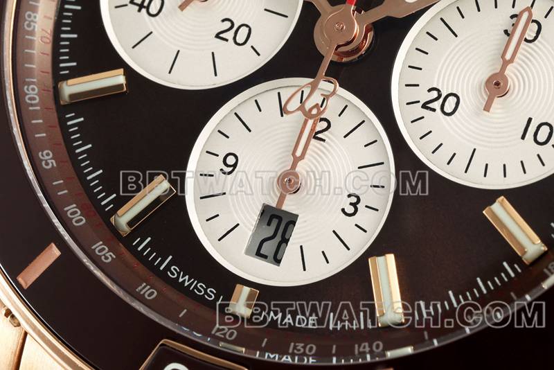 百年灵1:1复刻手表TF厂机械计时棕盘44mm玫瑰金钢带款正面实拍图