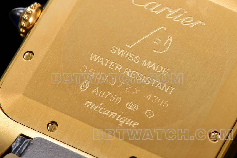 卡地亚最佳复刻手表F1厂山度士白盘黄金壳皮带款背面实拍图