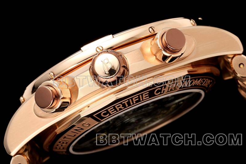 百年灵1:1复刻手表TF厂机械计时棕盘44mm玫瑰金钢带款侧面实拍图