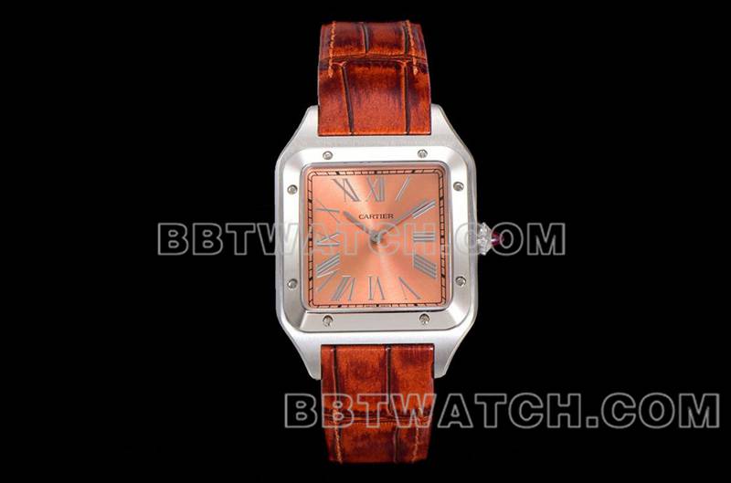 卡地亚顶级复刻手表F1厂山度士粉盘皮带款正面实拍图