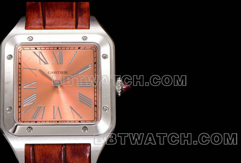 卡地亚顶级复刻手表F1厂山度士粉盘皮带款正面实拍图