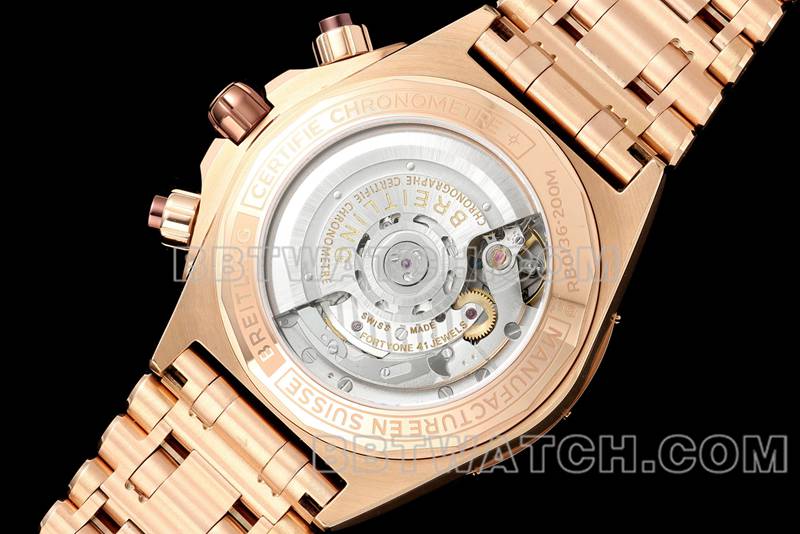 百年灵1:1复刻手表TF厂机械计时棕盘44mm玫瑰金钢带款背面实拍图