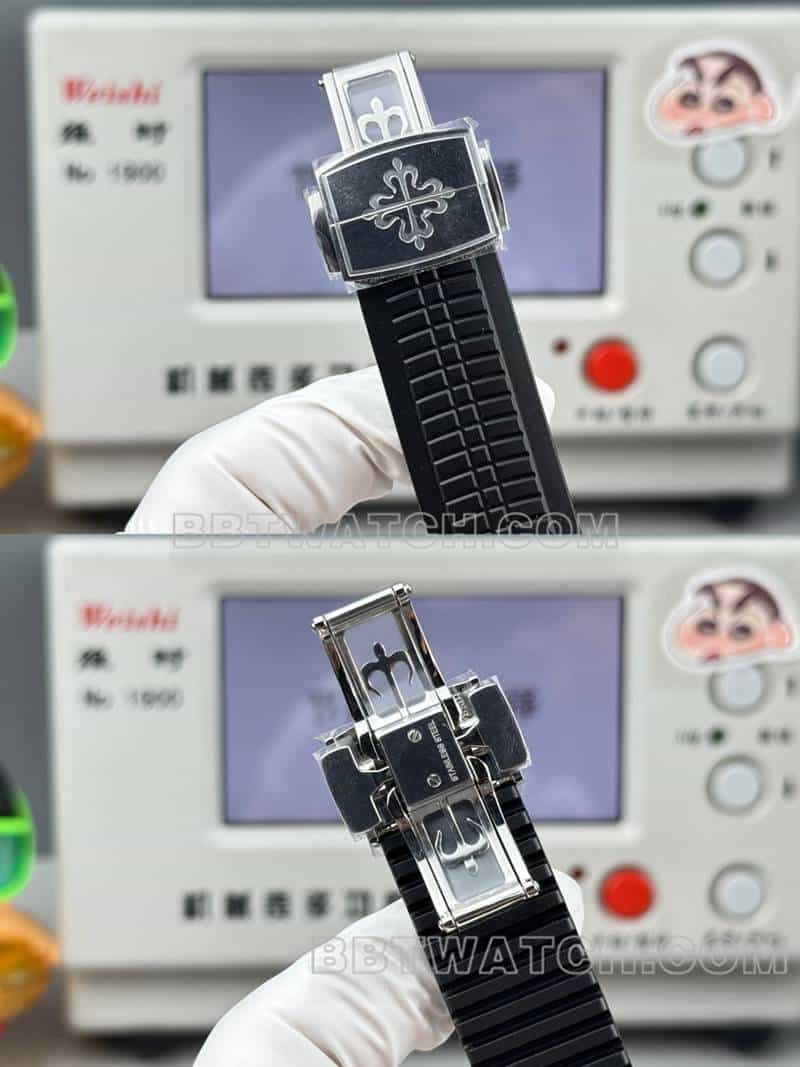 超级克隆手表百达翡丽P1厂手雷黑盘机械黑色橡胶款5968表扣实拍图
