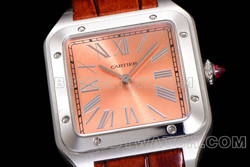 卡地亚顶级复刻手表F1厂山度士粉盘皮带款正面实拍图