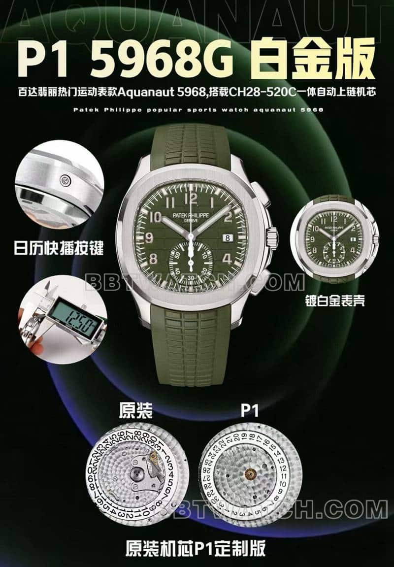 最佳复刻手表百达翡丽P1厂手雷绿盘机械绿色橡胶款5968正面实拍图