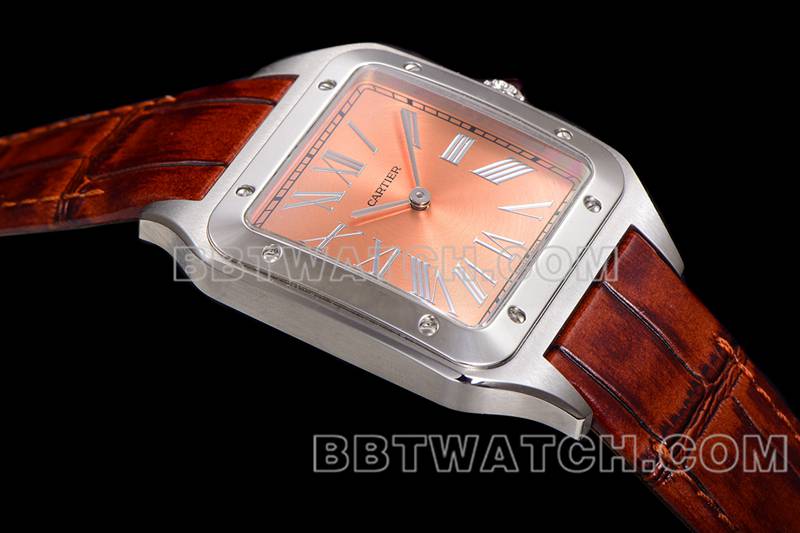 卡地亚顶级复刻手表F1厂山度士粉盘皮带款侧面实拍图