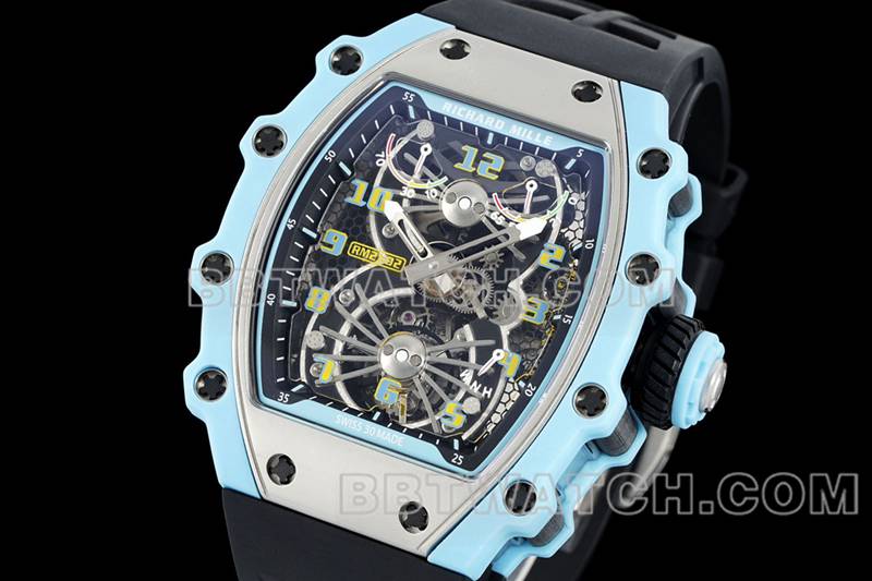 理查德米尔最优复刻手表镂空盘陀飞轮机械黑色橡胶款RM 21-02正面实拍图