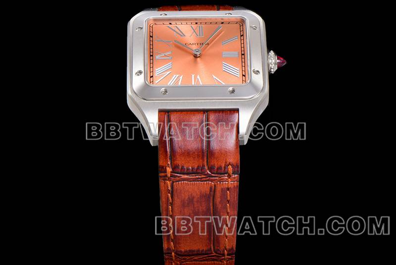 卡地亚顶级复刻手表F1厂山度士粉盘皮带款侧面实拍图