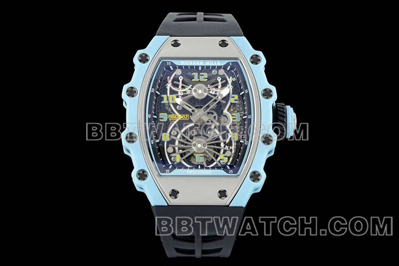 理查德米尔最优复刻手表镂空盘陀飞轮机械黑色橡胶款RM 21-02正面实拍图