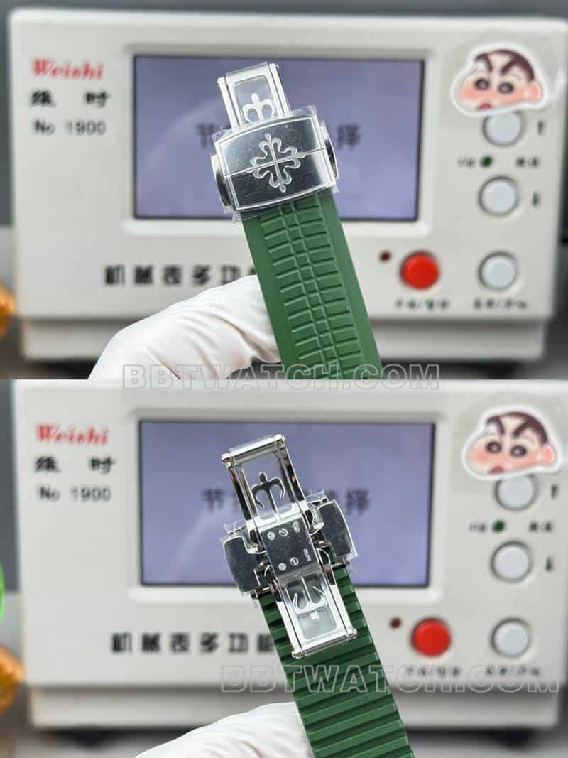 最佳复刻手表百达翡丽P1厂手雷绿盘机械绿色橡胶款5968表带实拍图