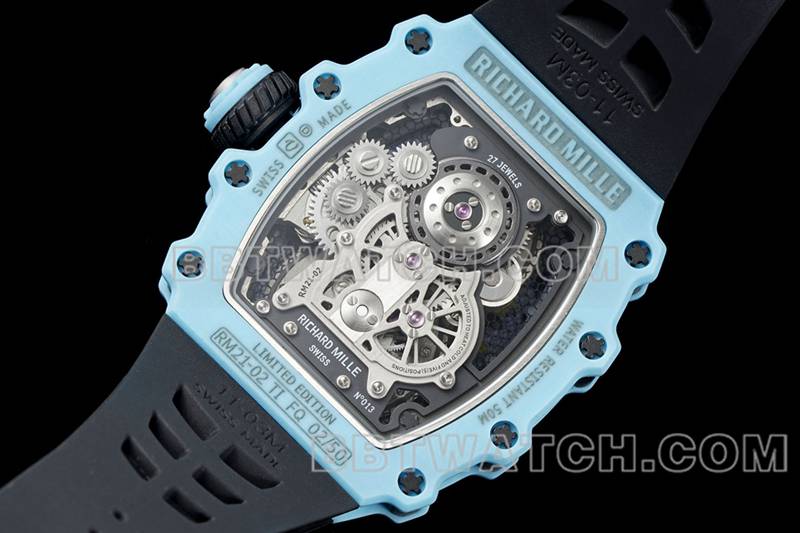 理查德米尔最优复刻手表镂空盘陀飞轮机械黑色橡胶款RM 21-02背面实拍图