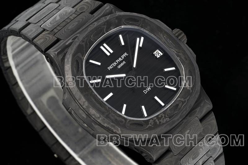 百达翡丽1:1复刻手表DIW厂鹦鹉螺黑盘碳纤维机械黑色钢带款5711正面实拍图