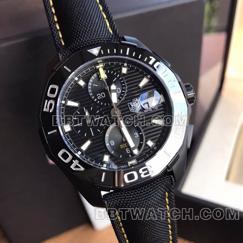 泰格豪雅1:1复刻手表竞潜黑盘43mm计时7750机械皮带款正面实拍图