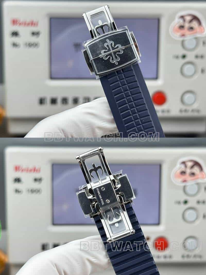 顶级复刻手表百达翡丽P1厂手雷蓝盘机械蓝色橡胶款5968表扣实拍图