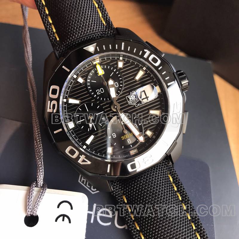 泰格豪雅1:1复刻手表竞潜黑盘43mm计时7750机械皮带款正面实拍图