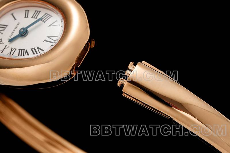 卡地亚1:1复刻手表BLS厂浴缸16尺寸石英玫瑰金手镯表正面实拍图