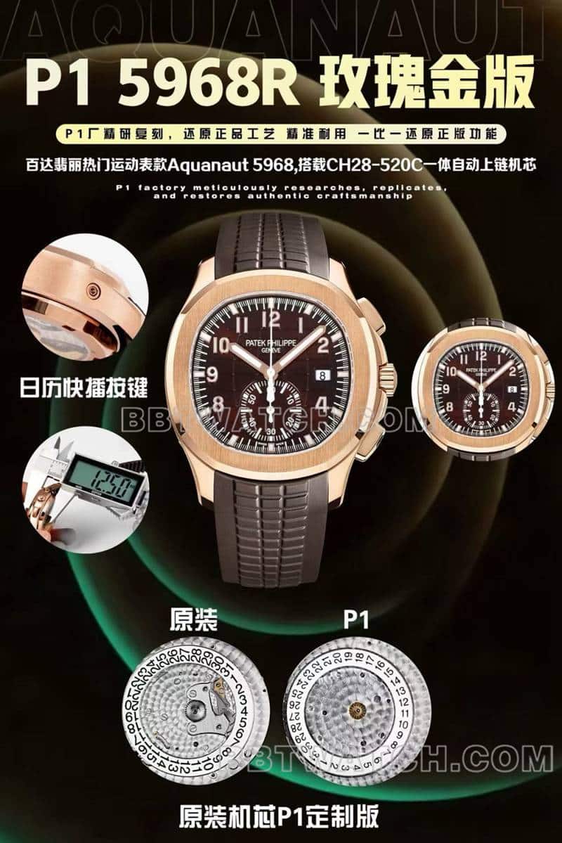 最优复刻手表百达翡丽P1厂手雷棕盘机械棕色橡胶款5968正面实拍图