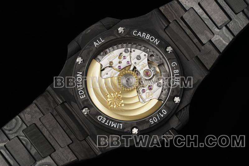 百达翡丽1:1复刻手表DIW厂鹦鹉螺黑盘碳纤维机械黑色钢带款5711背面实拍图