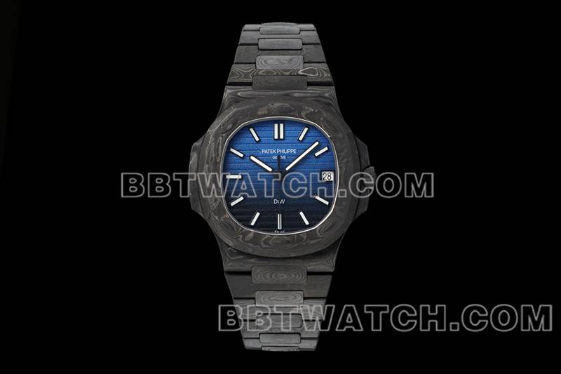 百达翡丽超级克隆手表DIW厂鹦鹉螺蓝黑盘碳纤维机械钢带款5711正面实拍图