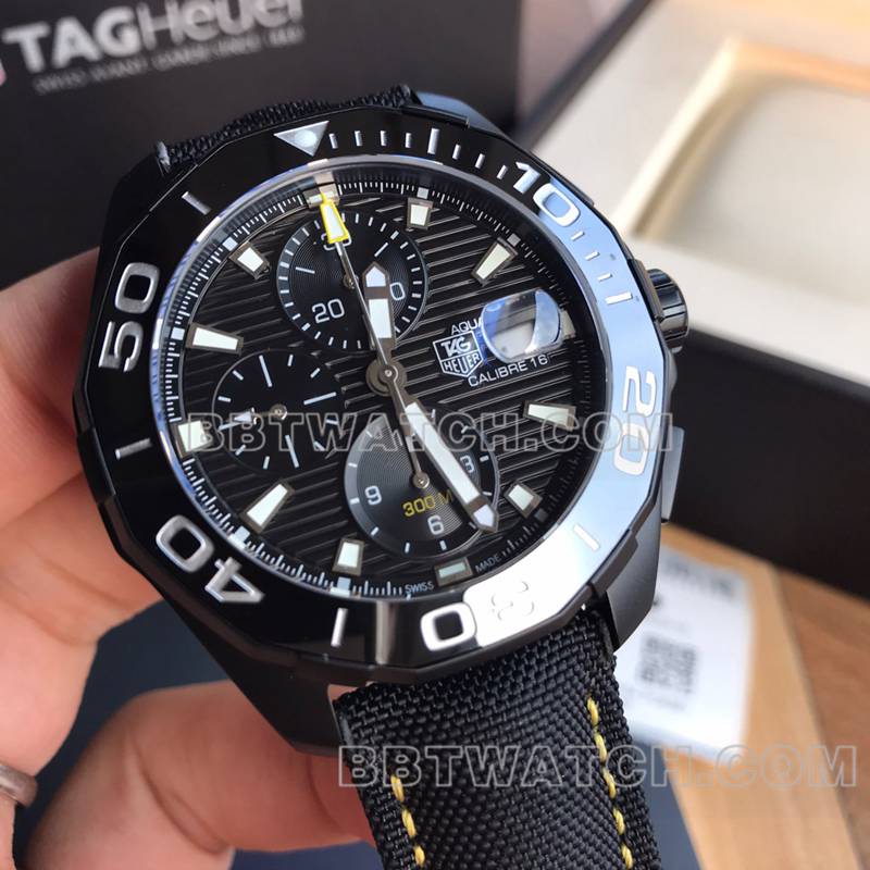 泰格豪雅1:1复刻手表竞潜黑盘43mm计时7750机械皮带款正面实拍图