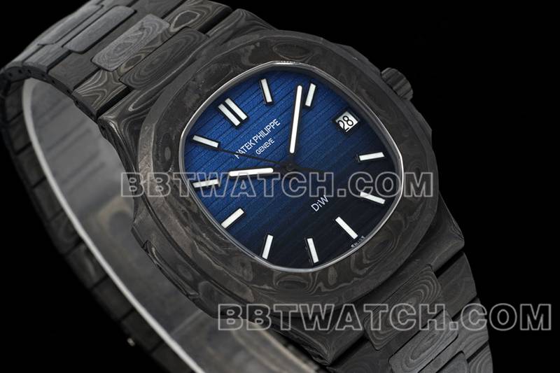 百达翡丽超级克隆手表DIW厂鹦鹉螺蓝黑盘碳纤维机械钢带款5711正面实拍图
