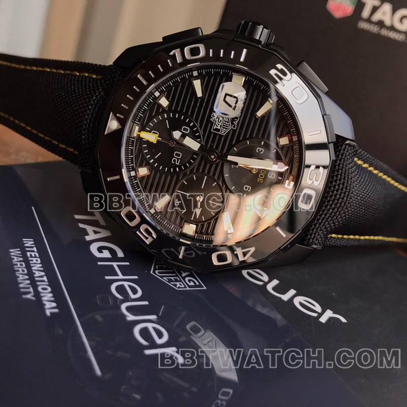 泰格豪雅1:1复刻手表竞潜黑盘43mm计时7750机械皮带款正面实拍图