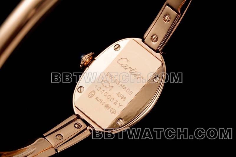 卡地亚1:1复刻手表BLS厂浴缸16尺寸石英玫瑰金手镯表背面实拍图