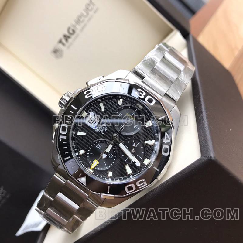 泰格豪雅超级克隆手表竞潜黑盘43mm计时7750机械钢带款正面实拍图