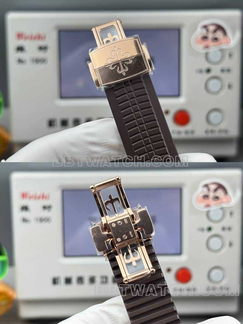 最优复刻手表百达翡丽P1厂手雷棕盘机械棕色橡胶款5968表带实拍图