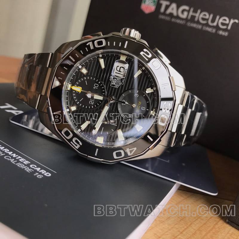 泰格豪雅超级克隆手表竞潜黑盘43mm计时7750机械钢带款正面实拍图