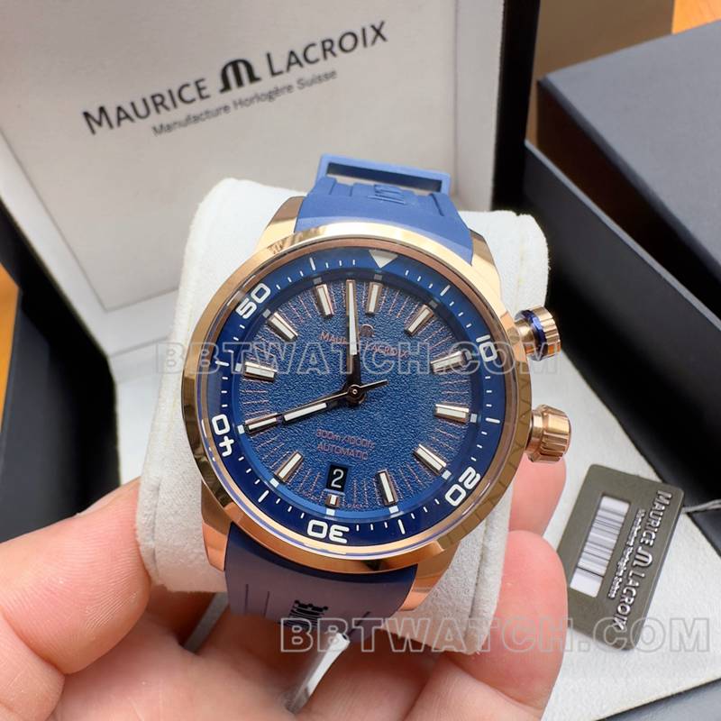 艾美1:1复刻手表原单奔涛S黑盘42mm机械蓝色橡胶款正面实拍图