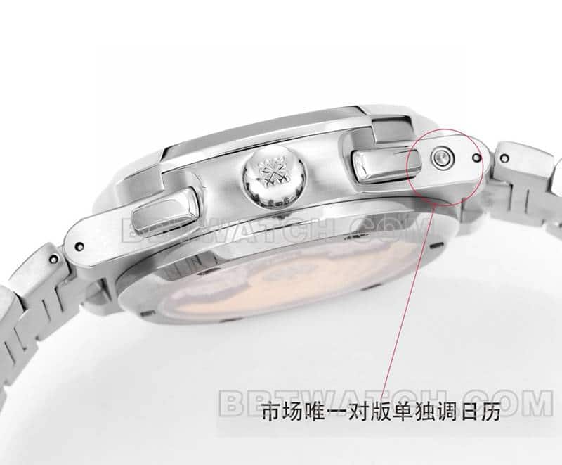 运动优雅最优复刻手表P1厂百达翡丽黑盘机械钢带款5990侧面实拍图