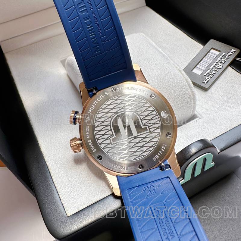 艾美1:1复刻手表原单奔涛S黑盘42mm机械蓝色橡胶款背面实拍图