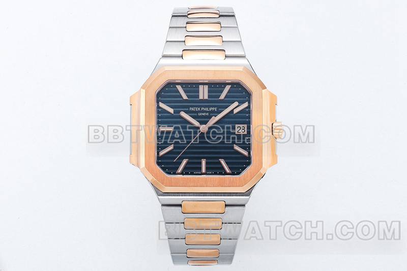 百达翡丽最佳复刻手表PPF厂45MM蓝盘机械间金钢带款5821正面实拍图