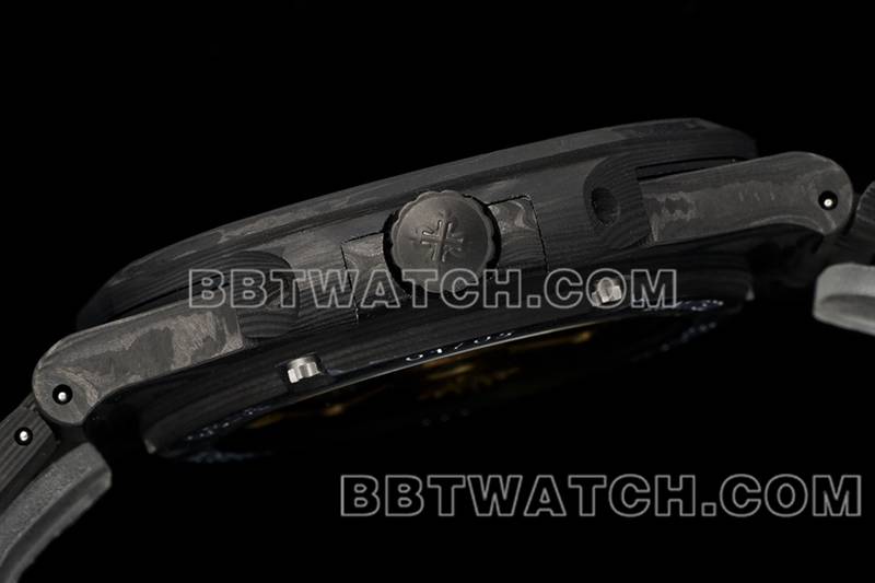 百达翡丽最佳复刻手表DIW厂鹦鹉螺白盘碳纤维机械钢带款5711侧面实拍图