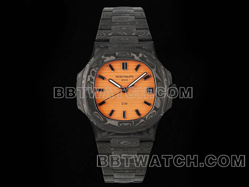 百达翡丽顶级复刻手表DIW厂鹦鹉螺橙盘碳纤维机械钢带款5711正面实拍图