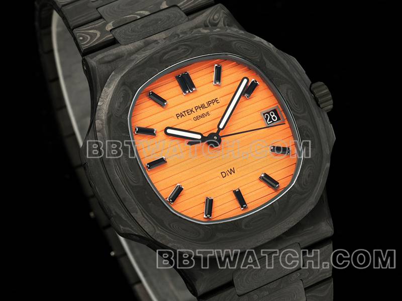 百达翡丽顶级复刻手表DIW厂鹦鹉螺橙盘碳纤维机械钢带款5711正面实拍图